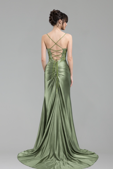 Beaded Satin Slit Evening Dress - LAROSABRIDE