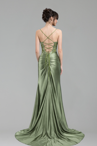Beaded Satin Slit Evening Dress - LAROSABRIDE