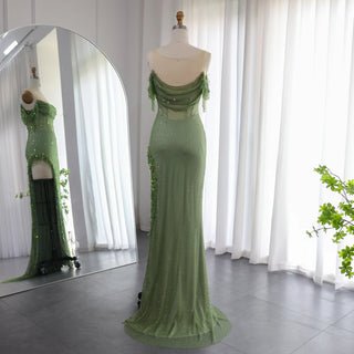 Ships in 2 to 5 Days - Arabic Green Crystal Luxury Dubai Evening Dresses Gowns High Slit Prom Dress for Women Wedding Party 2025
