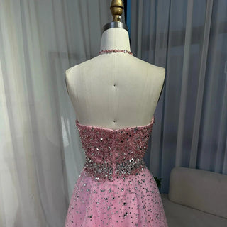 Ships in 2 to 5 Days - Customized Saudi Arabic Caramel Halter Beaded Tulle A-Line Evening Dress – Party Gown for Formal Occasions
