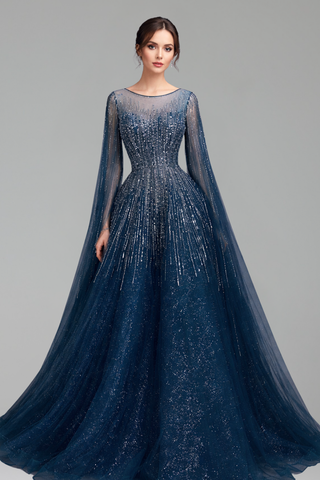 Cape-Sleeve Beaded A-Line Dress