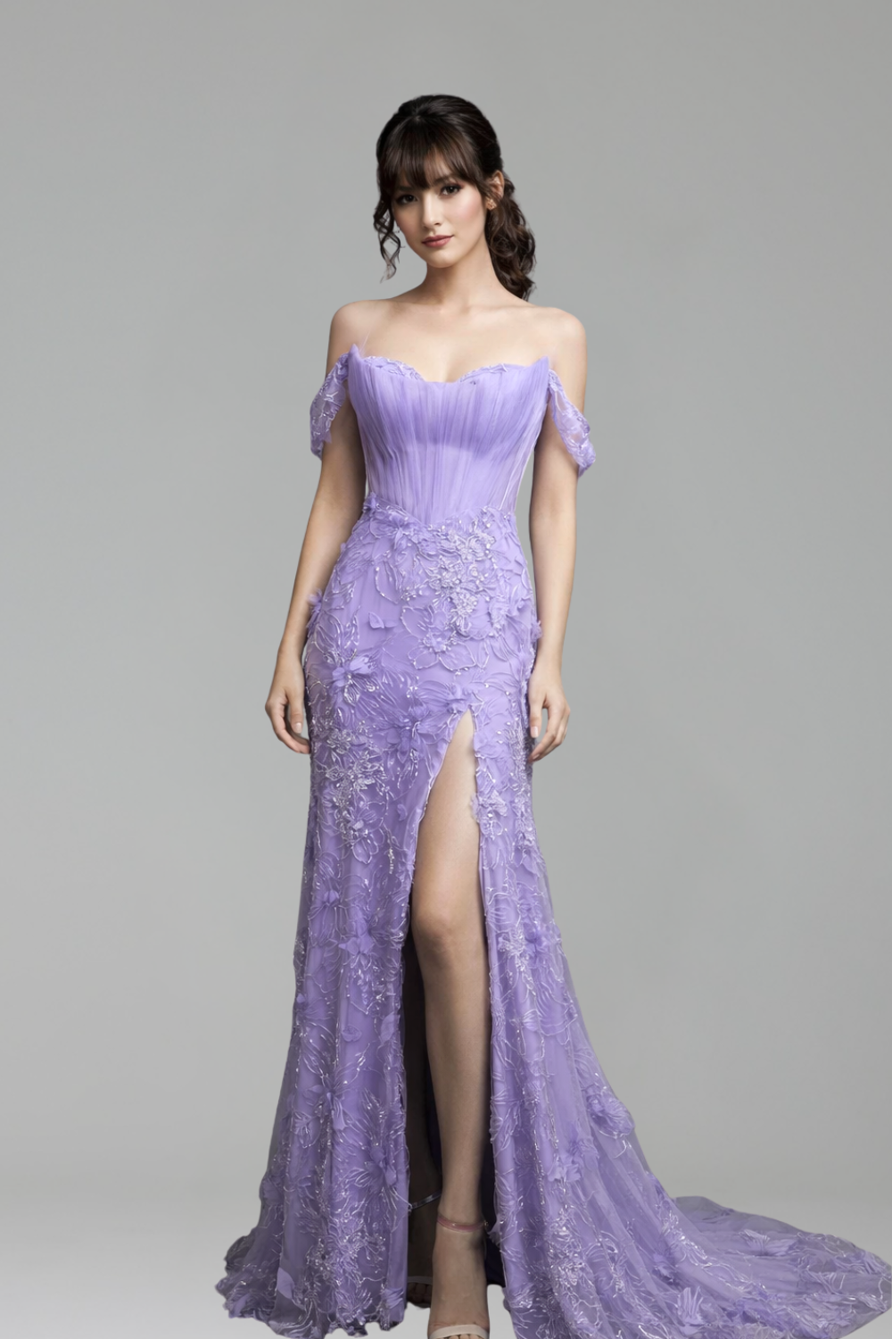 Off Shoulder Beaded High Slit Tulle - LAROSABRIDE