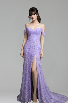 Off Shoulder Beaded High Slit Tulle - LAROSABRIDE