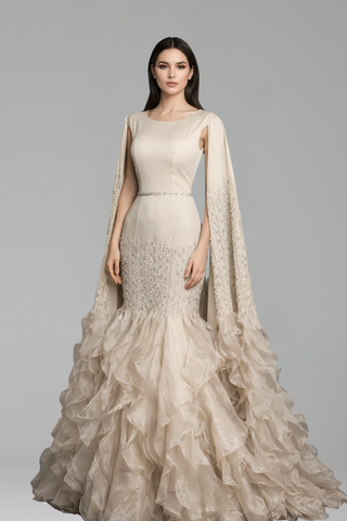 Beaded Satin Cape Mermaid Dress