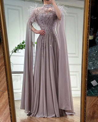 Ships in 2 to 5 Days - Feather-Trimmed High Neck Beaded A-Line Evening Gown with Sheer Cape Sleeves