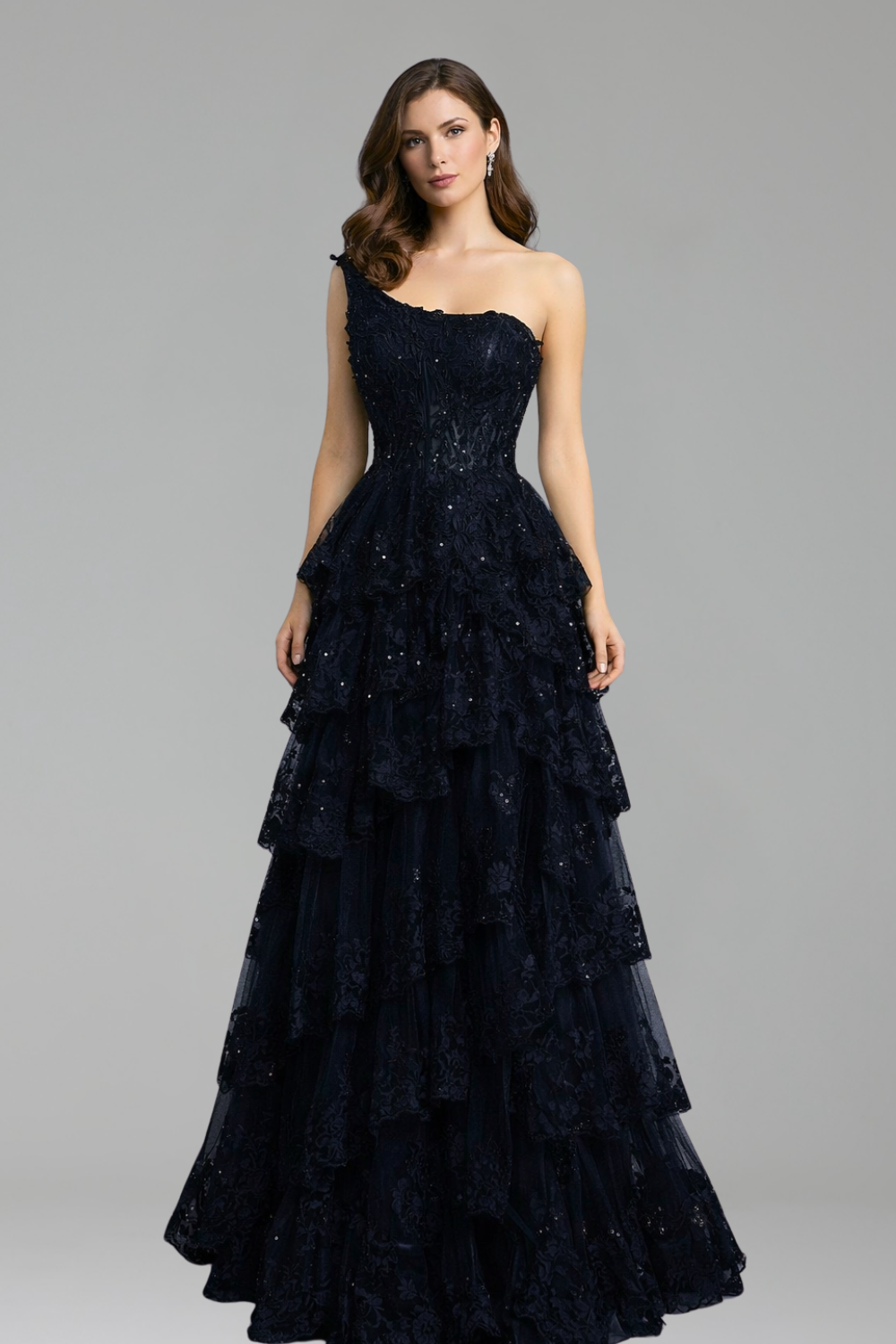 One-Shoulder Tiered Lace A-Line Dress-Larosabride