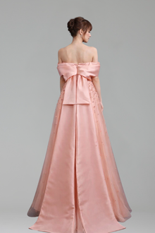Peach Off-the-Shoulder A-Line Satin Gown - LAROSABRIDE