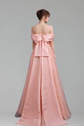 Peach Off-the-Shoulder A-Line Satin Gown - LAROSABRIDE
