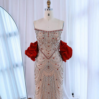 Embellished Off-Shoulder Gown with Dramatic Red Sleeves