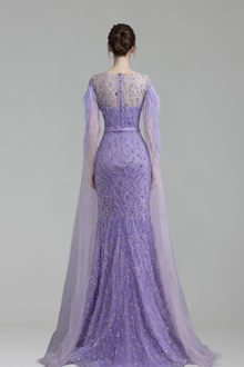 Cape-Sleeve Feather Beaded Mermaid Dress-Larosabride