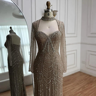 Ships in 2 to 5 Days - 2025 Caramel Beaded Mermaid Evening Gown – Long Sleeve Formal Dress for Weddings & Parties