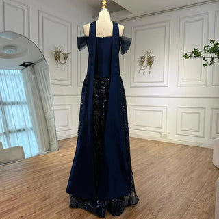 Ships in 2 to 5 Days - Luxury Arabic Navy Blue Beaded A-Line Evening Gown – Elegant Formal Dress 2025.