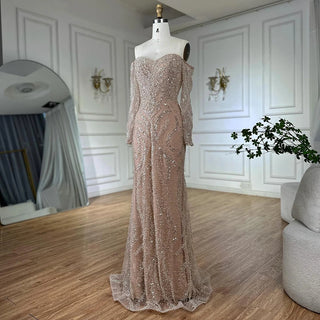Ships in 2 to 5 Days - Luxury Beaded Off-Shoulder Evening Gown – Long Sleeve Dress with Sparkling Sequins