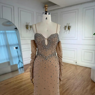 Nude Long Sleeve Beaded Dress