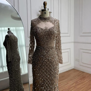 Ships in 2 to 5 Days - Luxury Caramel Beaded Evening Dress – High Neck Long Sleeve Mermaid Gown