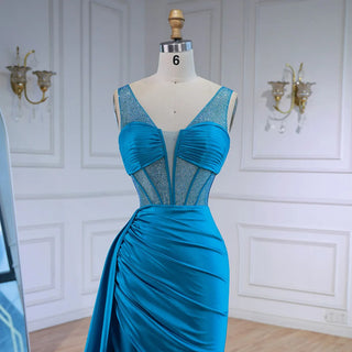 Ships in 2 to 5 Days - Luxury Blue Prom Dress – Spaghetti Strap Evening Gown with Dramatic Side Overskirt.