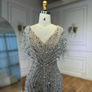 Ships in 2 to 5 Days - Elegant White Nude Beaded Mermaid Evening Gown – 2025 Saudi-Inspired Dress with Feather Details