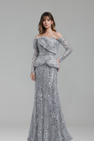 Off Shoulder Beaded Mermaid Dress - LAROSABRIDE