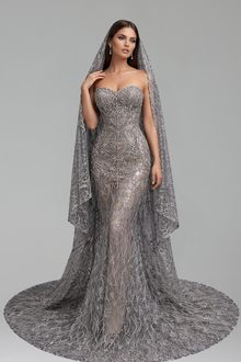 Red Lace Cape Mermaid Gown - LAROSABRIDE