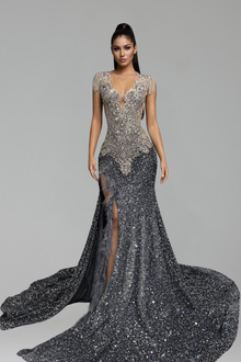 Cap Sleeve Sequin Slit Train-Larosabride