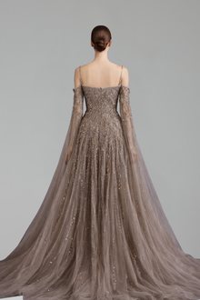 Long-Sleeve Cape A-Line Dress-Larosabride