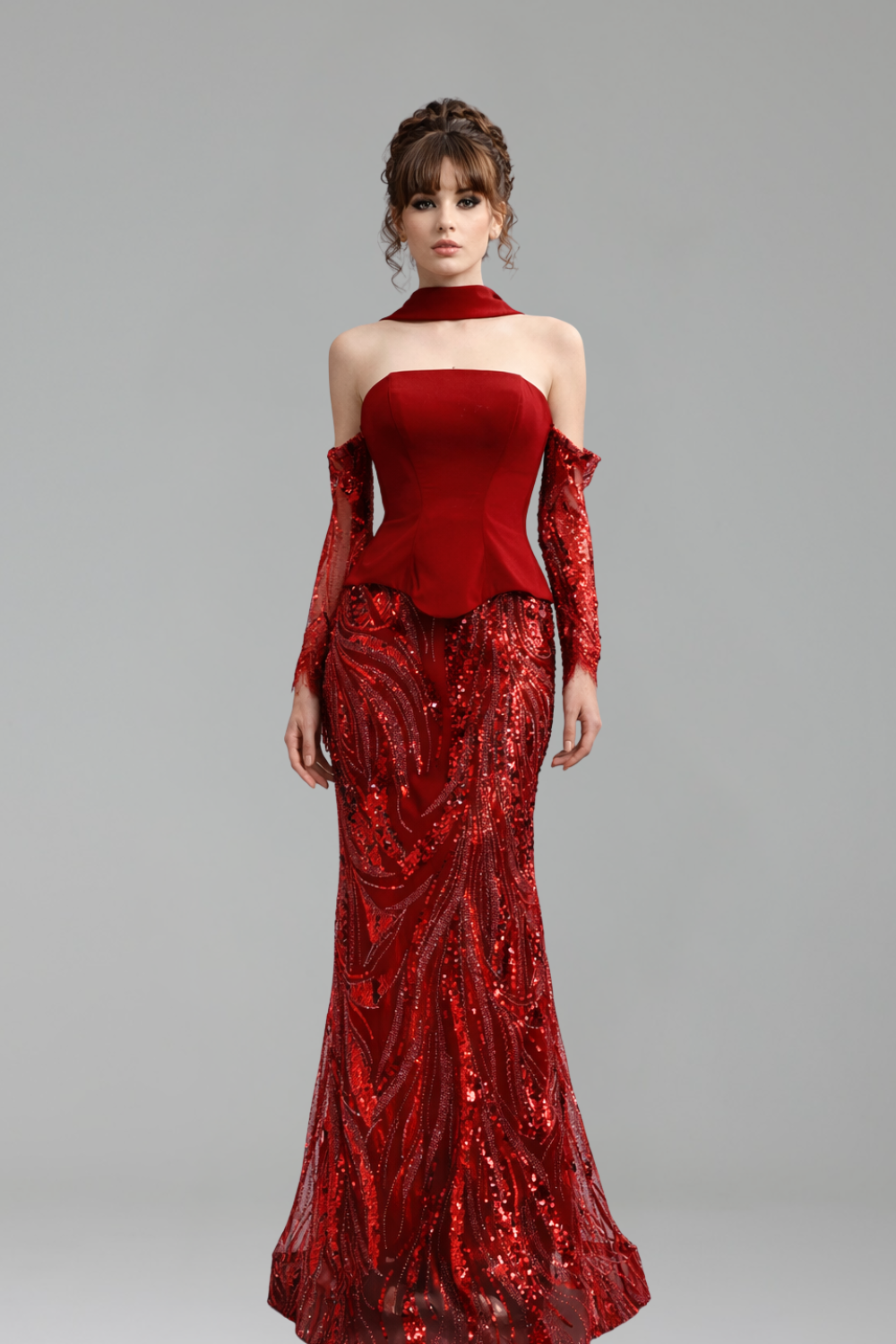 Wine Red Mermaid Gown With Gloves - LAROSABRIDE