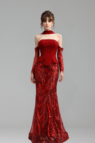 Wine Red Mermaid Gown With Gloves - LAROSABRIDE