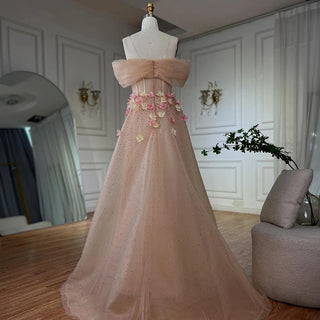 Ships in 2 to 5 Days - 2025 Customized Nude Floral Beaded Off-Shoulder Corset Evening Dress with Overskirt – For Formal Occasions