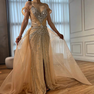 Ships in 2 to 5 Days - Luxury Red Beaded Mermaid Evening Dress – Gown with Overskirt and Thigh-High Slit