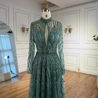 Ships in 2 to 5 Days - Elegant Turquoise A-Line Evening Dress – High Neck Beaded Formal Gown for Women