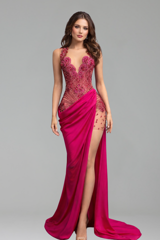 Draped Side Illusion Gown