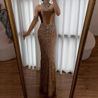 Ships in 2 to 5 Days -Luxury Beaded Corset Evening Gown with Sheer Overlay & Matching Gloves – 2025 Elegant Long Dress