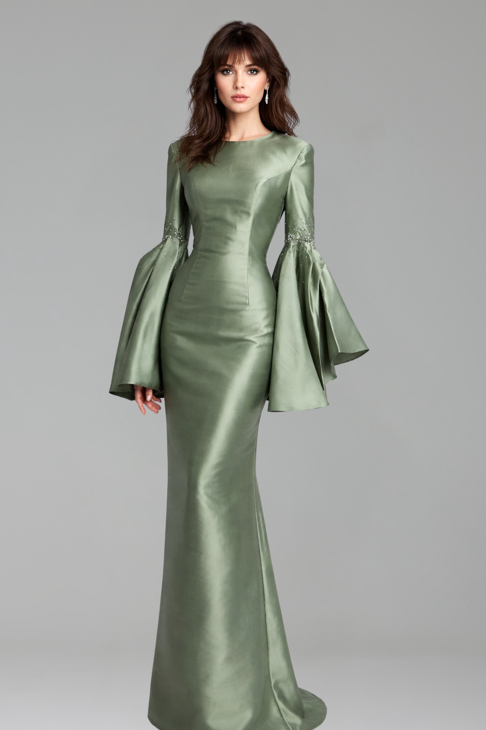 Green Satin Evening Dress with Bell Sleeves - LAROSABRIDE