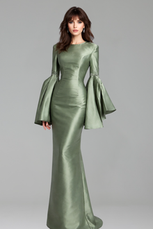 Green Satin Evening Dress with Bell Sleeves - LAROSABRIDE