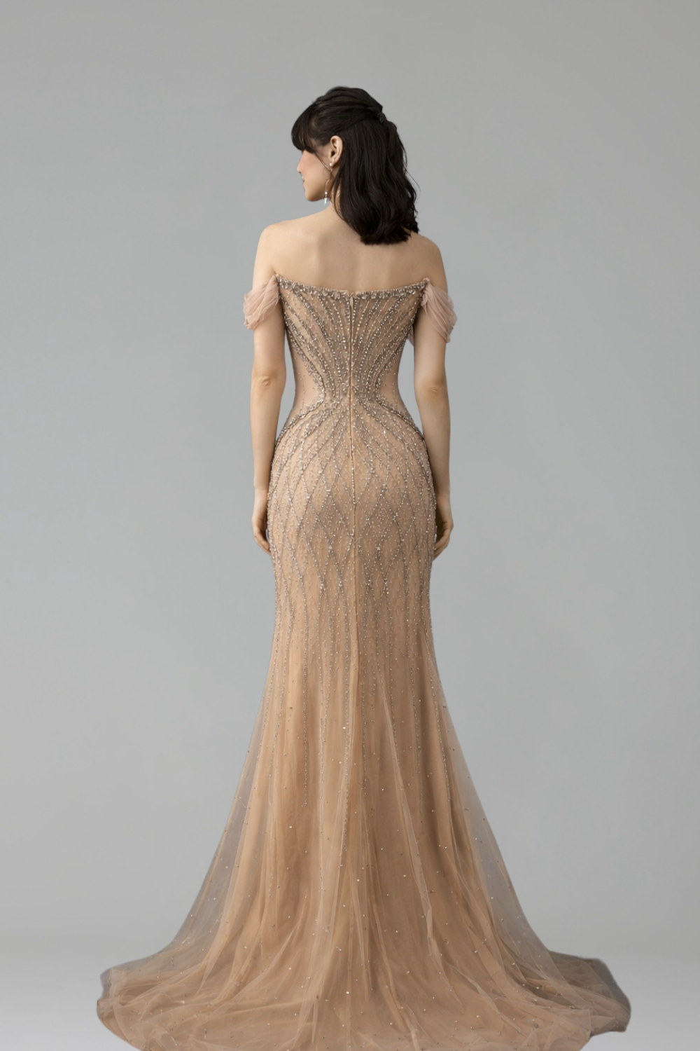 Off-Shoulder Beaded Tulle Mermaid Gown - LAROSABRIDE