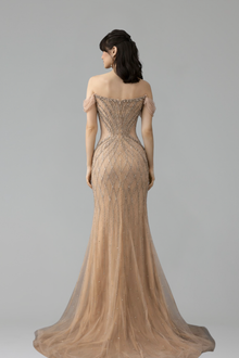 Off-Shoulder Beaded Tulle Mermaid Gown - LAROSABRIDE