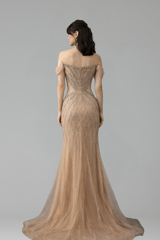 Off-Shoulder Beaded Tulle Mermaid Gown - LAROSABRIDE