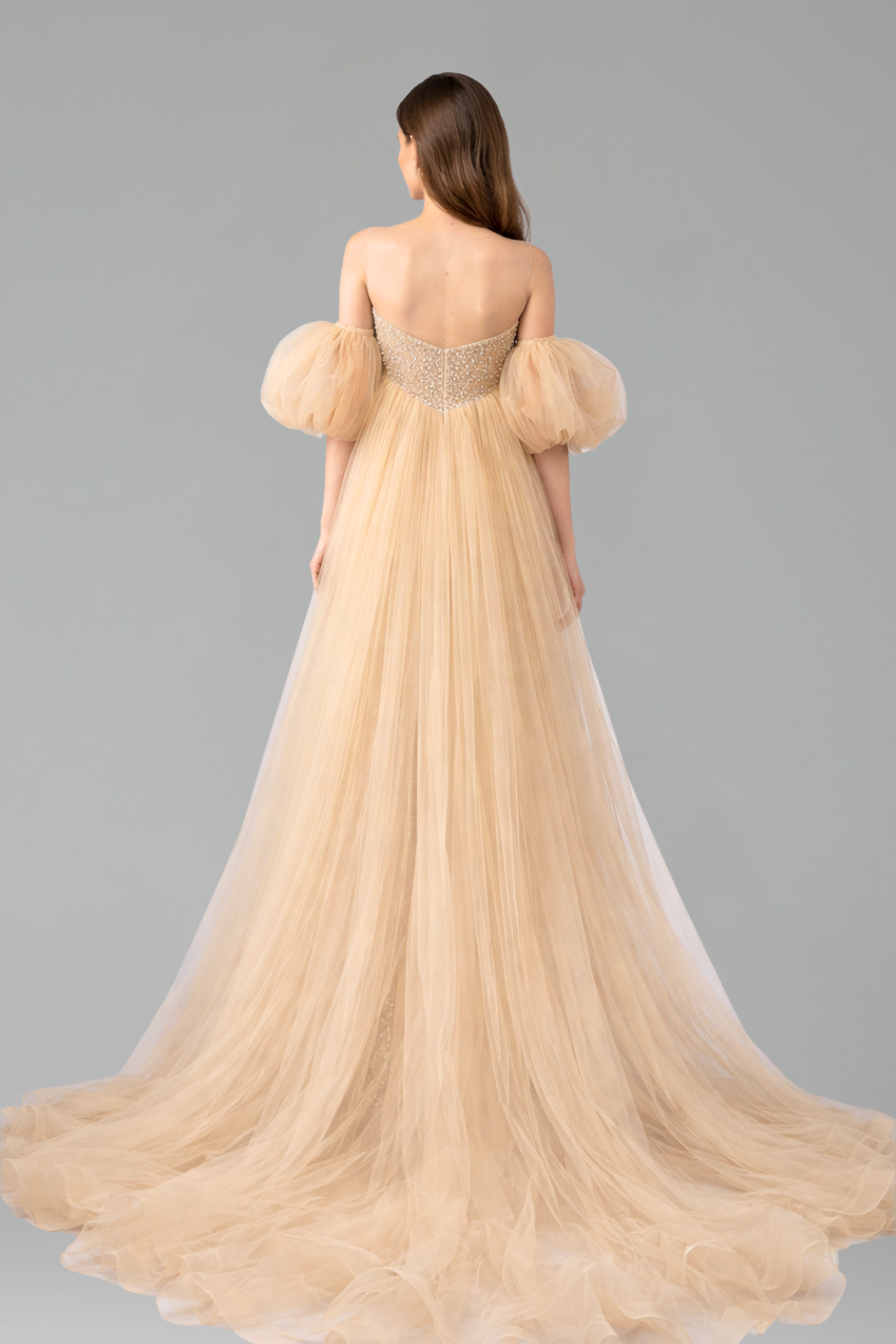 Beaded Evening Dress Puff Sleeves - LAROSABRIDE