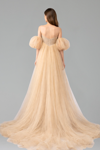 Beaded Evening Dress Puff Sleeves - LAROSABRIDE