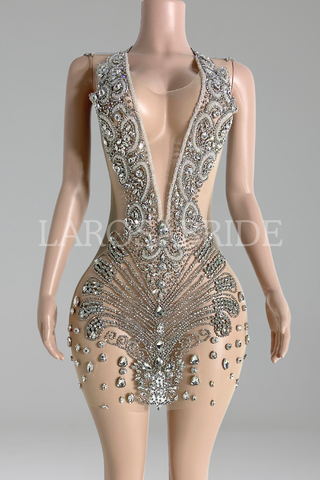 Deep-Plunge Beaded Illusion Mini Dress