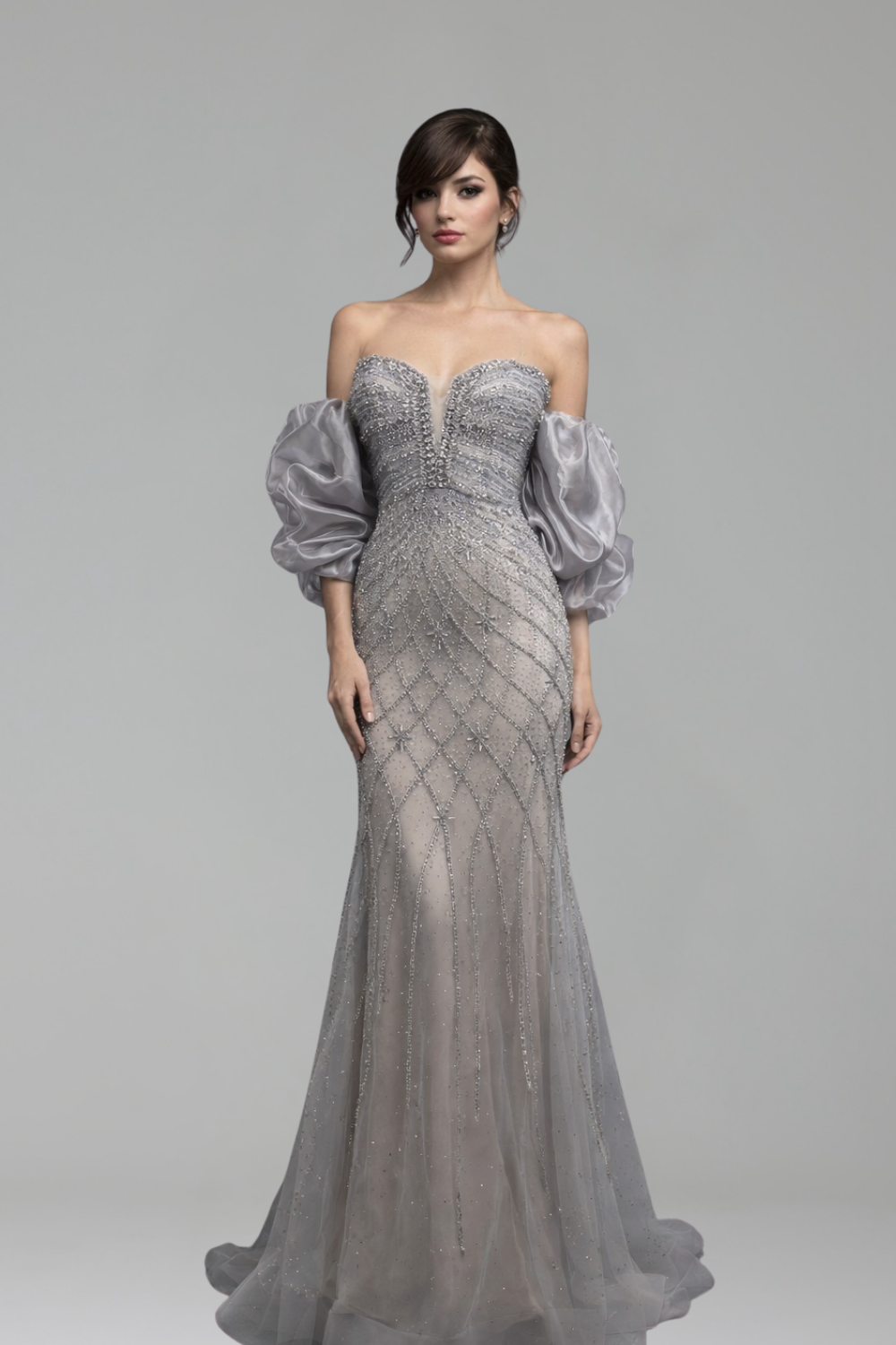 Gray Beaded Dress With Cape - LAROSABRIDE