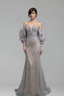 Gray Beaded Dress With Cape - LAROSABRIDE