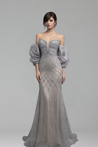 Gray Beaded Dress With Cape - LAROSABRIDE