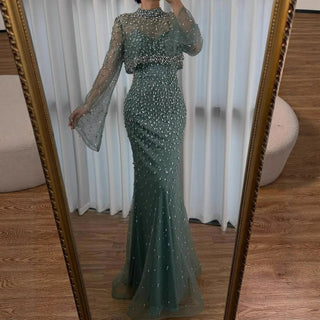 Turquoise Beaded Mermaid Evening Dress with Detachable High-Neck Overlay and Strapless Inner Gown