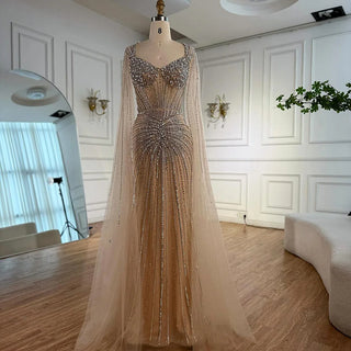 Ships in 2 to 5 Days - Luxury Nude Beaded Evening Dress – Saudi-Inspired Formal Gown with Cape Sleeves