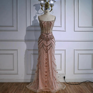 Ships in 2 to 5 Days -2025 Custom Green Saudi-Inspired Evening Dress – Strapless Beaded Formal Gown