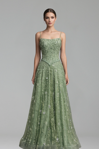 Beaded A-Line Spaghetti Strap Evening Dress