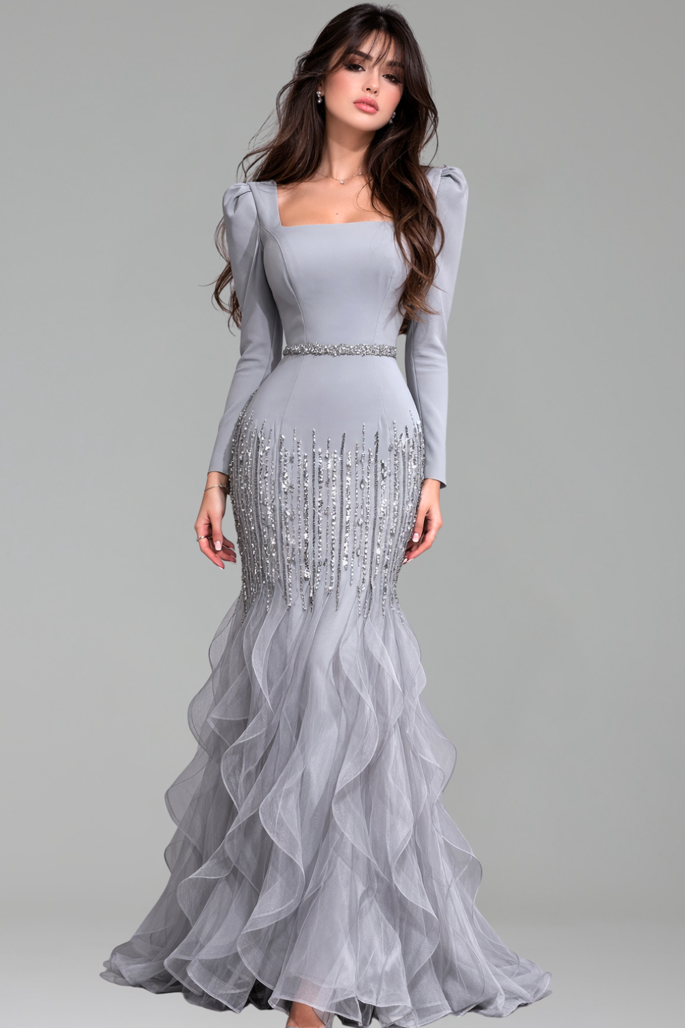 Structured Beaded Ruffle Gown - LAROSABRIDE
