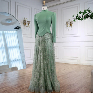 Ships in 2 to 5 Days -Elegant Sage Green Muslim Evening Dress – Modest Gown with Beaded Skirt for Wedding Parties