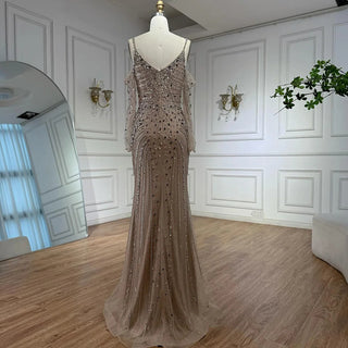 Rose-Gold Beaded Cold-Shoulder Gown